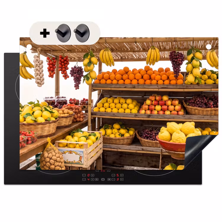 Inductiebeschermer & spatscherm (2in1) - Marktkraam - Fruit - Vers - Marktkraam - Fruit - Vers Inductie beschemer met haakjes klein