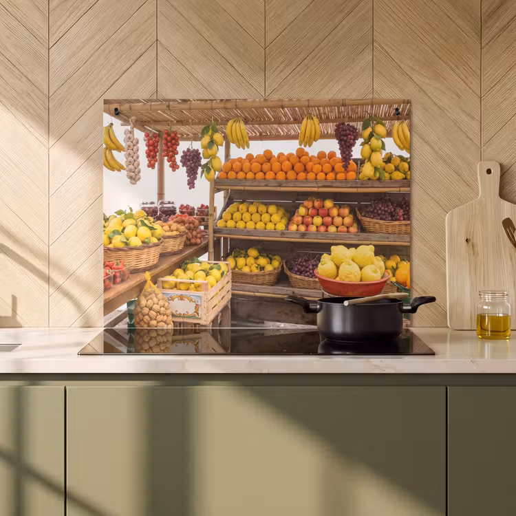 Inductiebeschermer & spatscherm (2in1) - Marktkraam - Fruit - Vers - Marktkraam - Fruit - Vers Inductie beschemer met haakjes klein