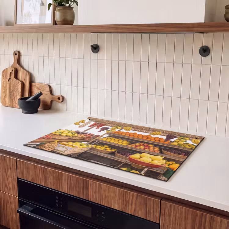 Inductiebeschermer & spatscherm (2in1) - Marktkraam - Fruit - Vers - Marktkraam - Fruit - Vers Inductie beschemer met haakjes klein