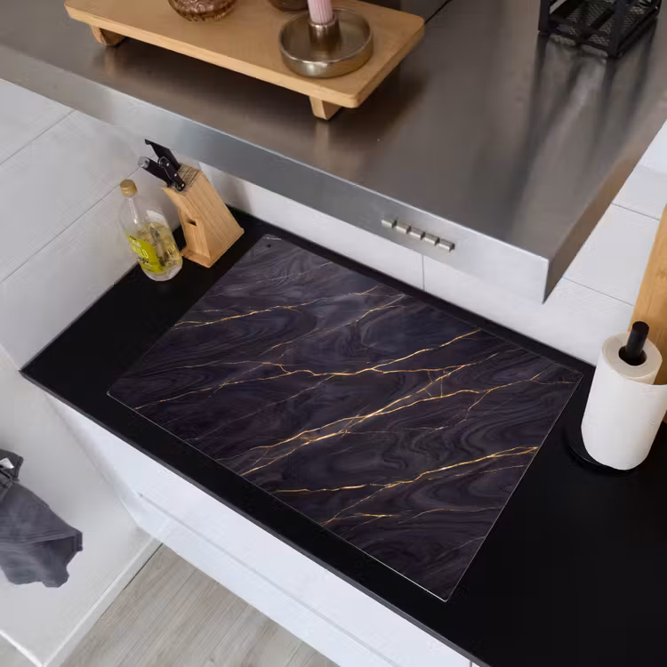 Marmer - Goudaders - Abstract - Modern - Zwart Inductie beschemer met haakjes klein -sfeer1