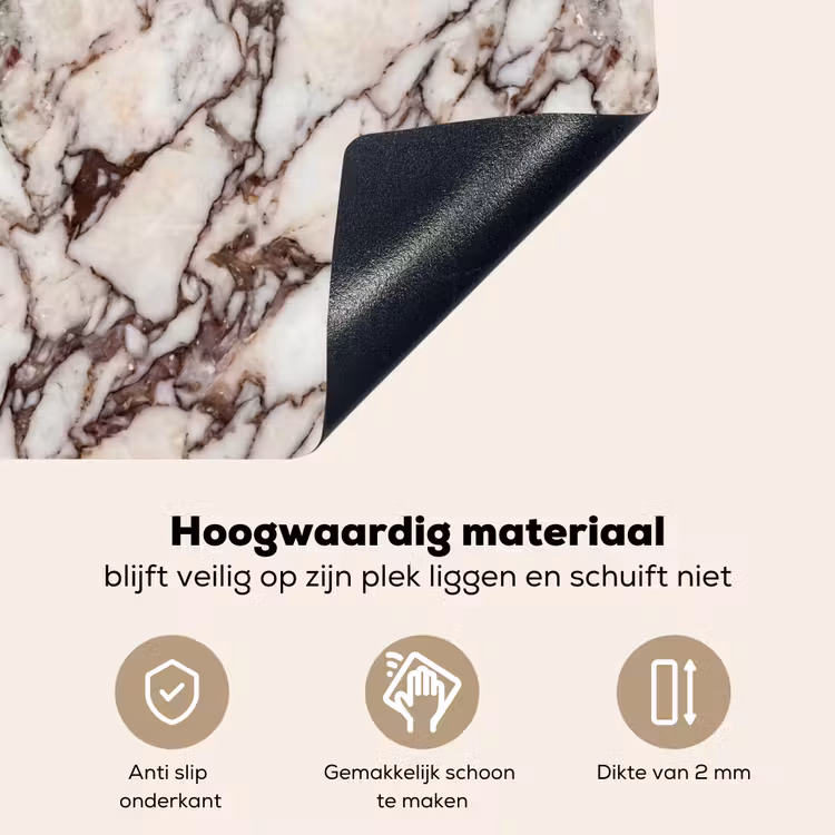 Marmer - Textuur - Abstract - Wit - Bruin Inductie beschemer met haakjes klein -ky-onderkant-nl