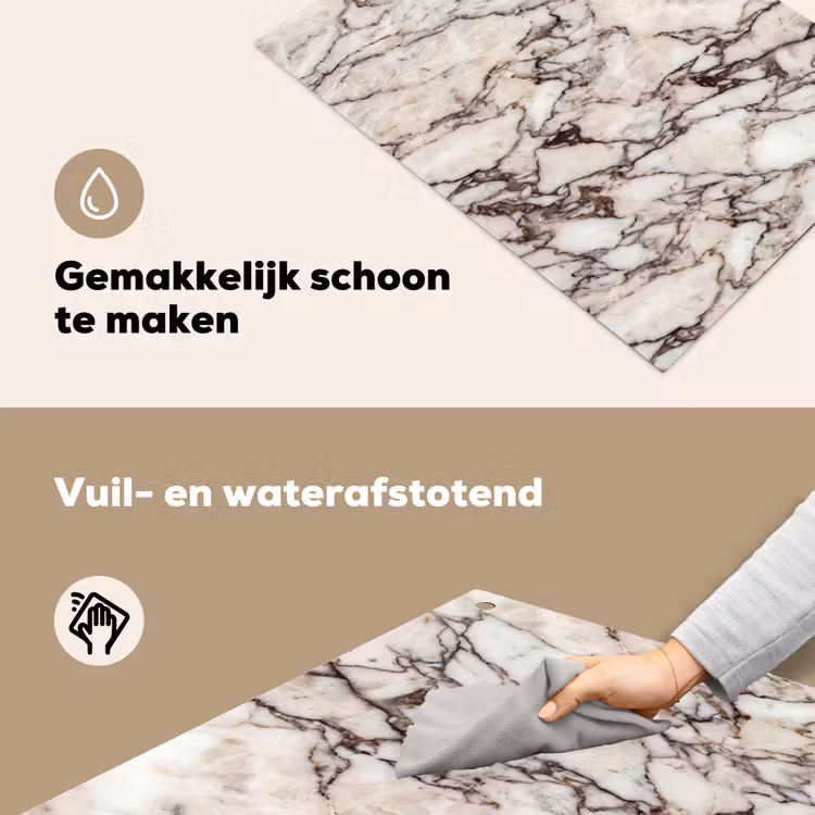 Marmer - Textuur - Abstract - Wit - Bruin Inductie beschemer met haakjes klein -ky-schoon-nl