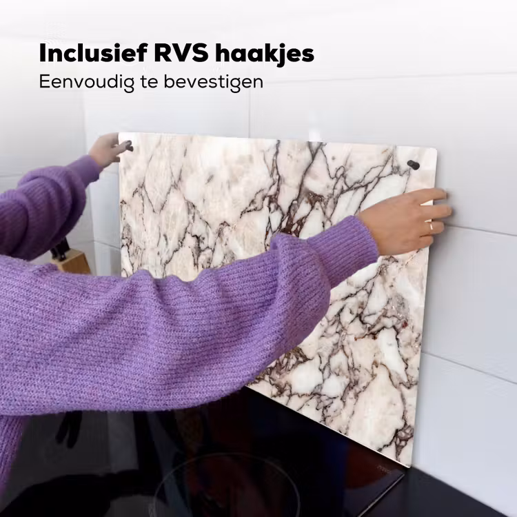 Marmer - Textuur - Abstract - Wit - Bruin Inductie beschemer met haakjes klein -ky-ophangen-nl