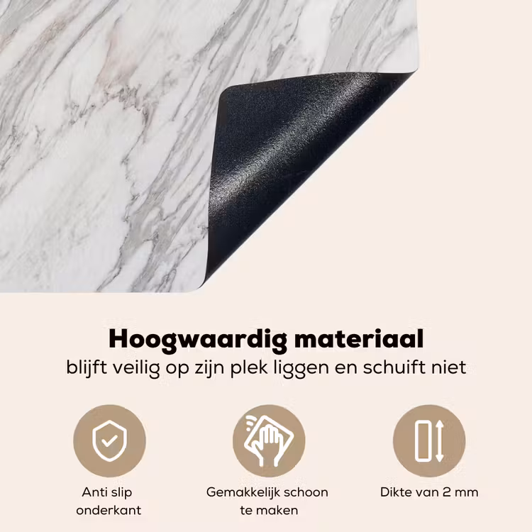 Marmer - Wit - Grijs - Structuur - Modern Inductie beschemer met haakjes klein -ky-onderkant-nl