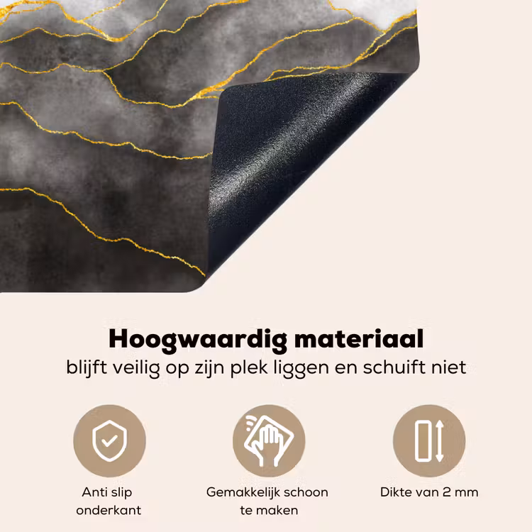 Marmer - Zwart - Goud - Luxe - Marmerlook Inductie beschemer met haakjes klein -ky-onderkant-nl
