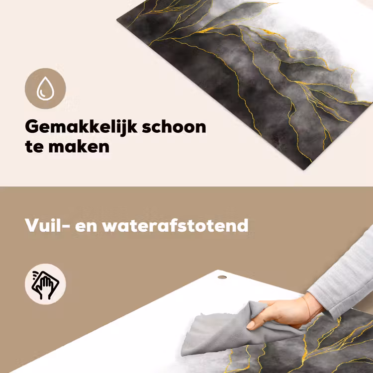 Marmer - Zwart - Goud - Luxe - Marmerlook Inductie beschemer met haakjes klein -ky-schoon-nl
