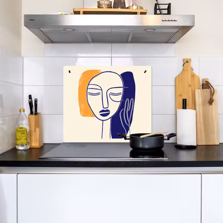 Minimalistisch - Gezicht - Hand - Oranje - Blauw Inductie beschemer met haakjes middel -sfeer2