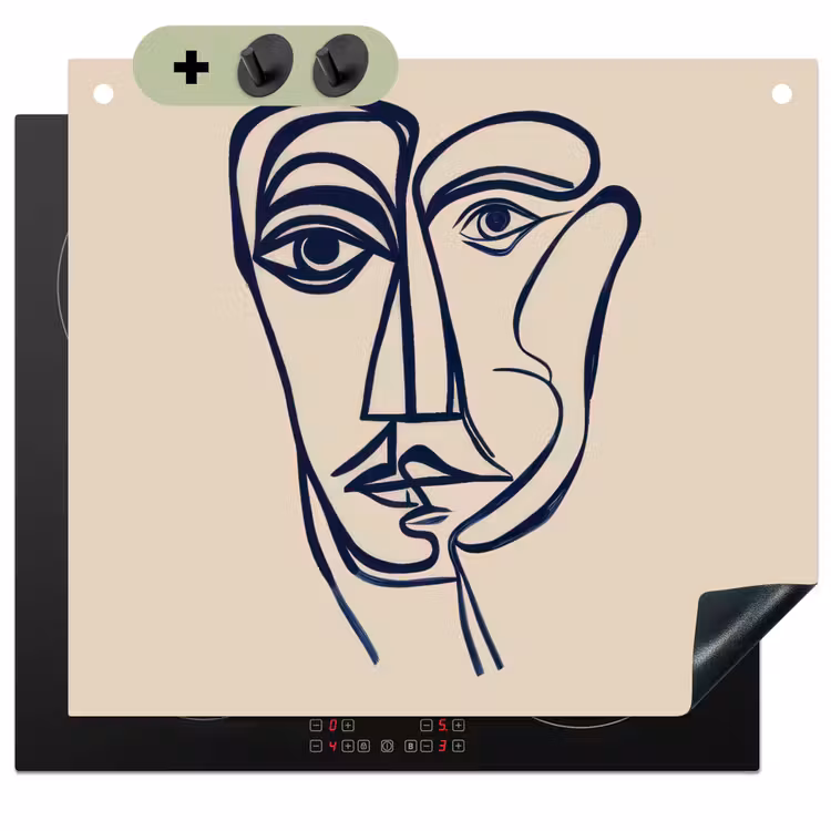 Minimalistisch - Lijnillustratie - Beige - Donkerblauw Inductie beschemer met haakjes middel -3d