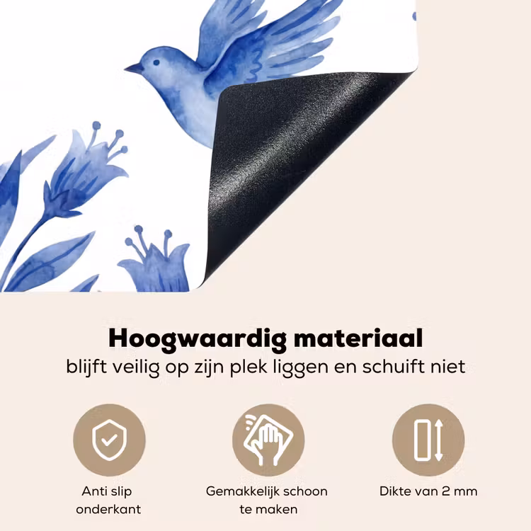 Modern - Vogels - Delfts - Blauw Inductie beschemer met haakjes klein -ky-onderkant-nl