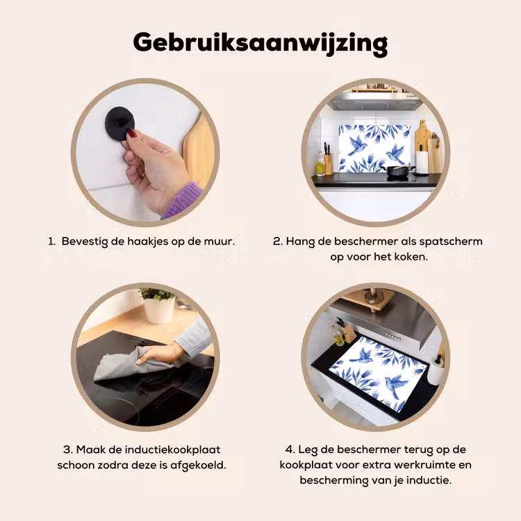 Modern - Vogels - Delfts - Blauw Inductie beschemer met haakjes klein -ky-gebruik-nl