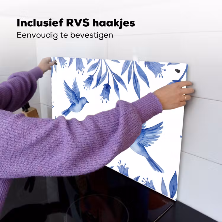 Modern - Vogels - Delfts - Blauw Inductie beschemer met haakjes klein -ky-ophangen-nl