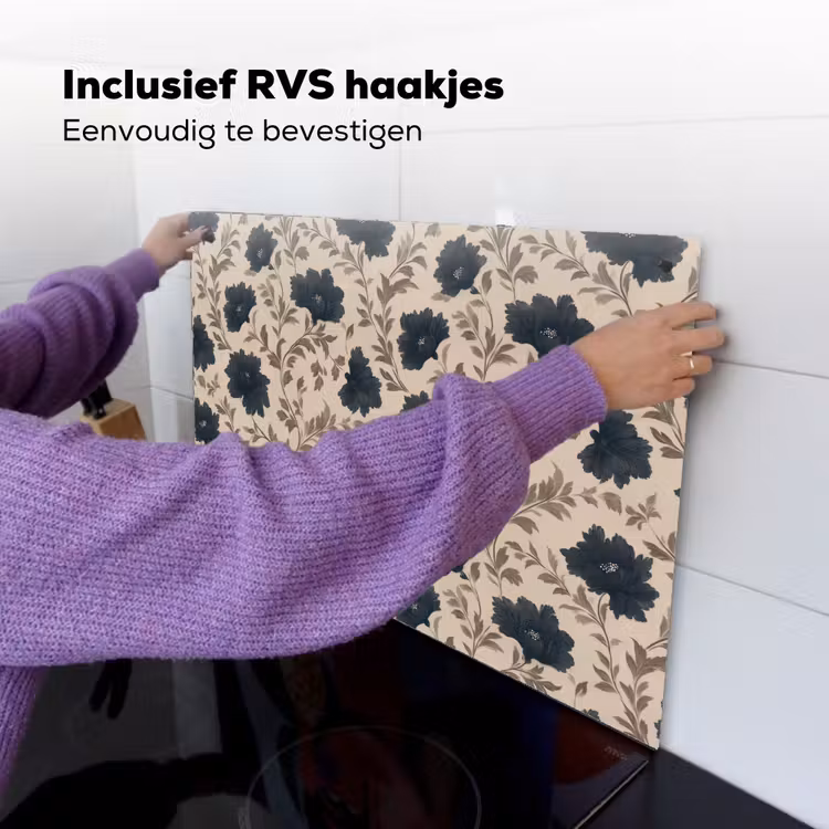 Motief - Bloemen - Zwart - Beige Inductie beschemer met haakjes klein 777 -ky-ophangen-nl