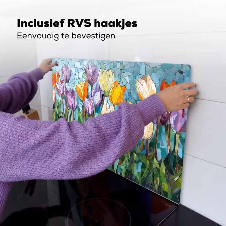 Mozaïek - Veld - Tulpen - Kleurrijk Inductie beschemer met haakjes klein -ky-ophangen-nl
