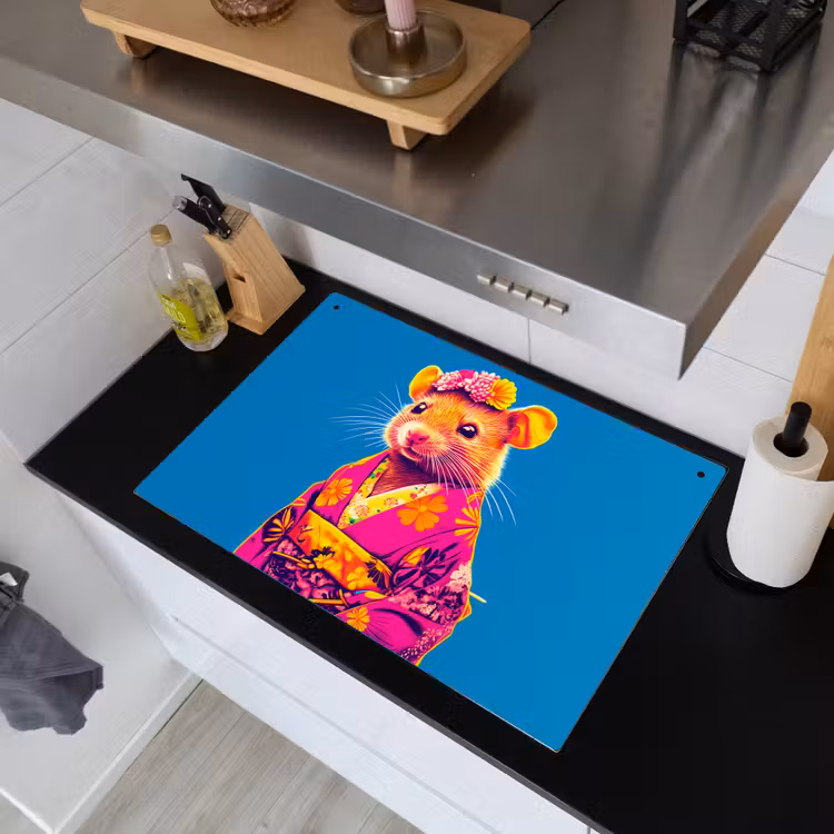 Muis - Kimono - Bloemen - Blauw Inductie beschemer met haakjes klein -sfeer1