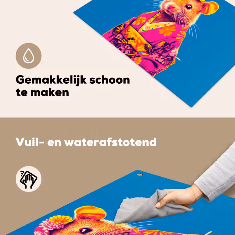 Muis - Kimono - Bloemen - Blauw Inductie beschemer met haakjes klein -ky-schoon-nl