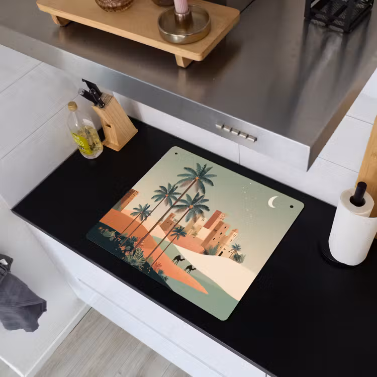 Nachtlandschap - Kamelen - Sterren - zandduinden Inductie beschemer met haakjes middel -sfeer1