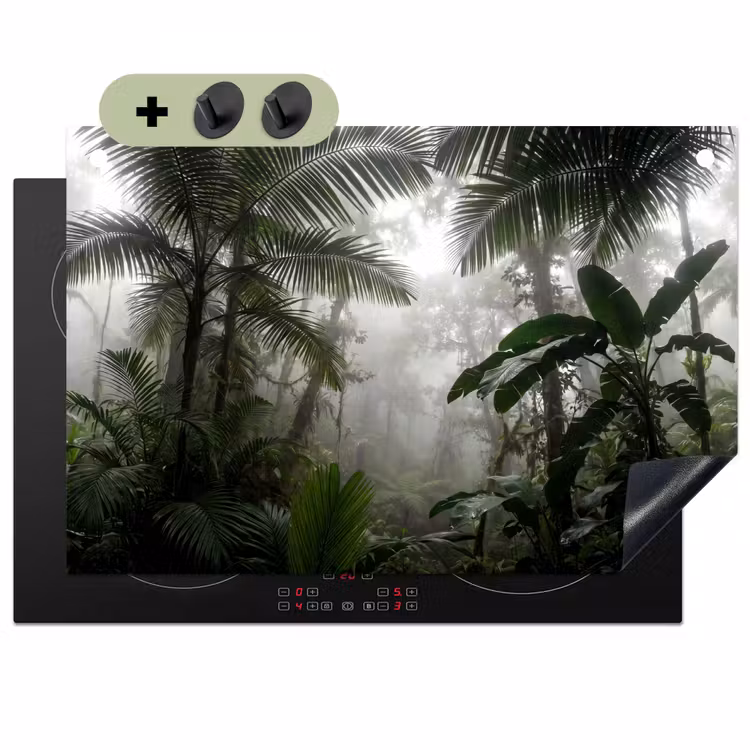 Natuur - Jungle - Mist - Groen - Bladeren Inductie beschemer met haakjes klein -3d
