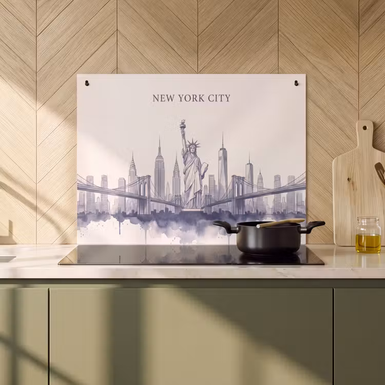 New York - Vrijheidsbeeld - Skyline - Illustratie - Blauw Inductie beschemer met haakjes klein -sfeer2