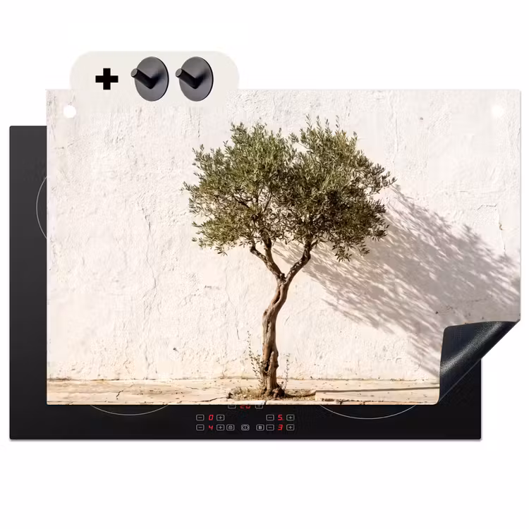 Inductiebeschermer & spatscherm (2in1) - Olijfboom - muur - wit - Olijfboom - muur - wit Inductie beschemer met haakjes klein
