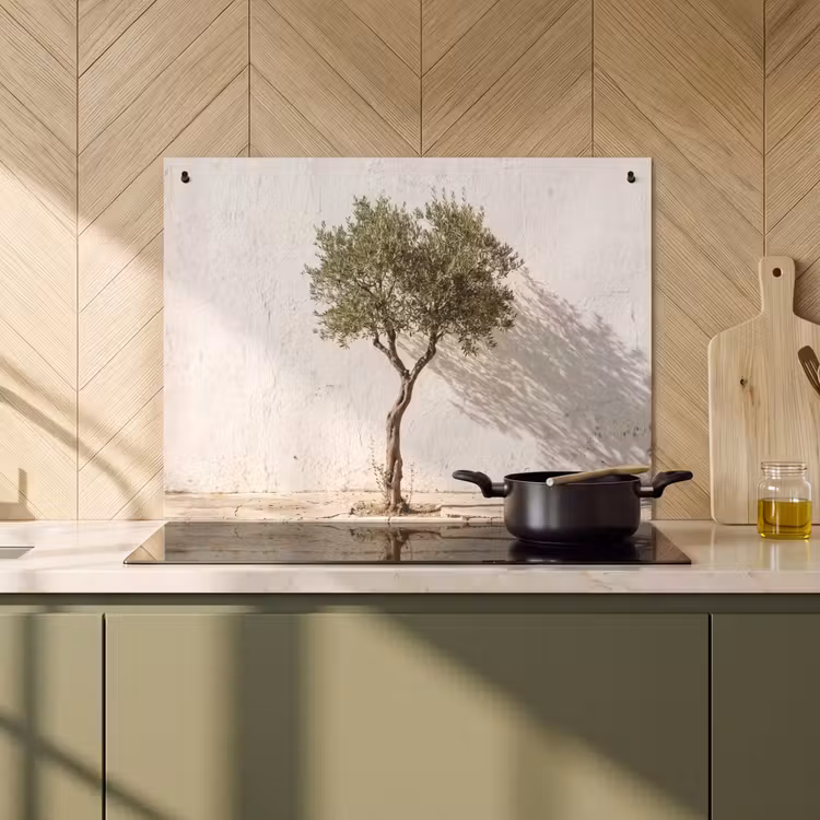 Inductiebeschermer & spatscherm (2in1) - Olijfboom - muur - wit - Olijfboom - muur - wit Inductie beschemer met haakjes klein