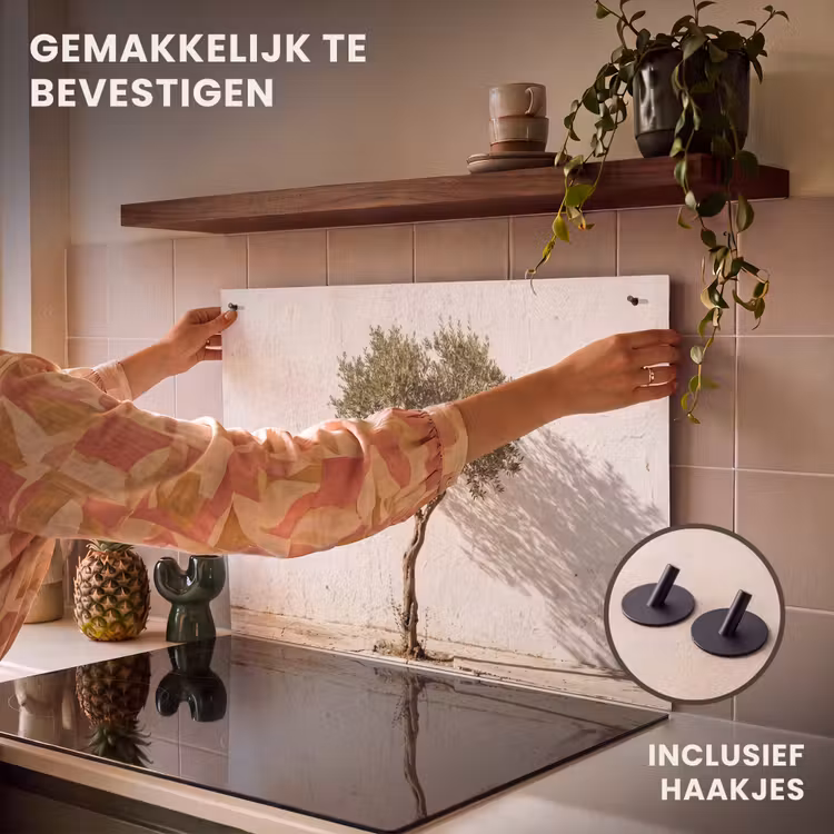 Inductiebeschermer & spatscherm (2in1) - Olijfboom - muur - wit - Olijfboom - muur - wit Inductie beschemer met haakjes klein
