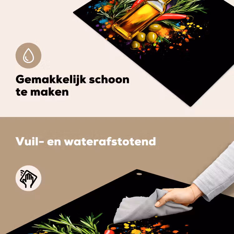 Olijfolie - Graffiti - Peper - Olijven - Modern Inductie beschemer met haakjes klein -ky-schoon-nl