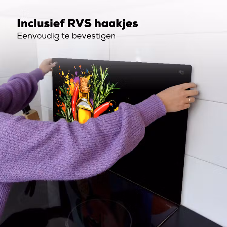 Olijfolie - Graffiti - Peper - Olijven - Modern Inductie beschemer met haakjes klein -ky-ophangen-nl
