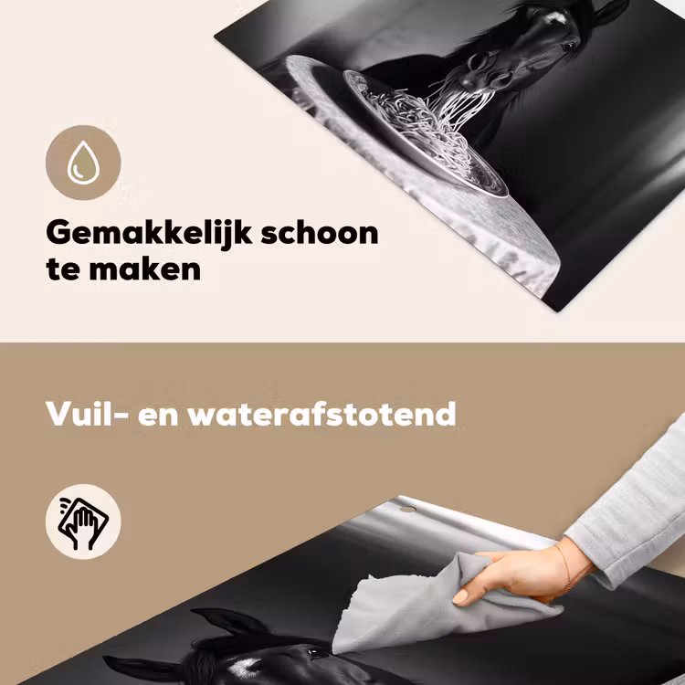 Paard - Bord - Pasta - Tafelkleed - Zwart Wit - Dieren Inductie beschemer met haakjes klein -ky-schoon-nl