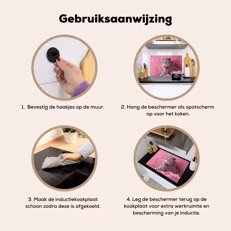 Panter - Luxe - Roze Inductie beschemer met haakjes klein -ky-gebruik-nl
