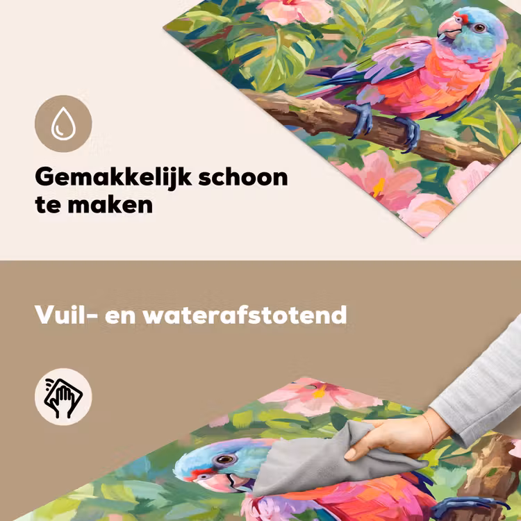 Papagaai - Hibiscusbloemen - Kleurrijk Inductie beschemer met haakjes klein -ky-schoon-nl