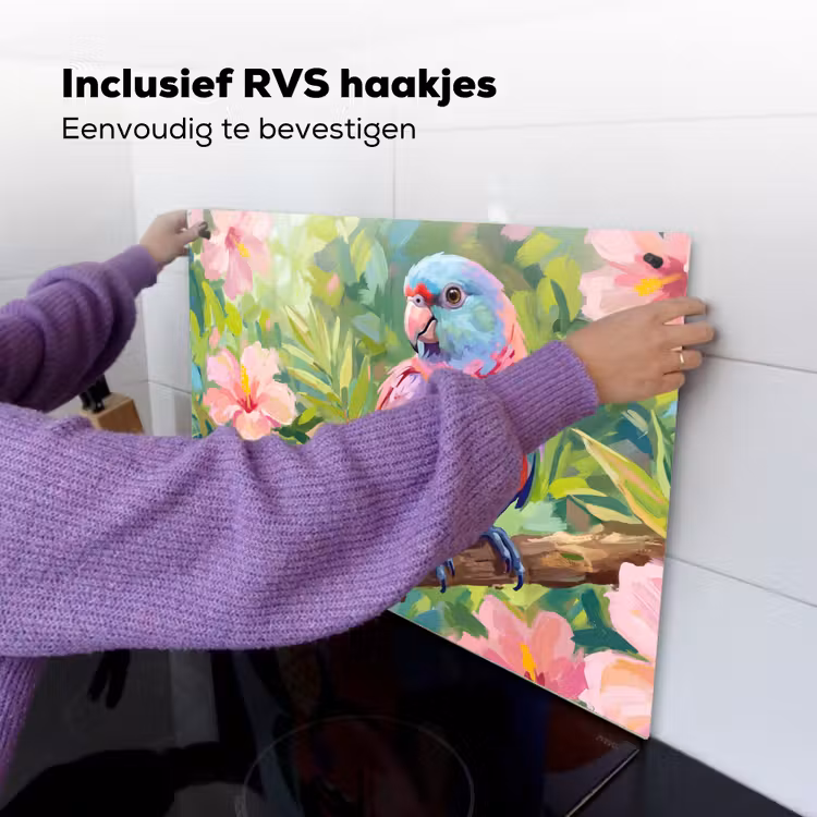 Papagaai - Hibiscusbloemen - Kleurrijk Inductie beschemer met haakjes klein -ky-ophangen-nl