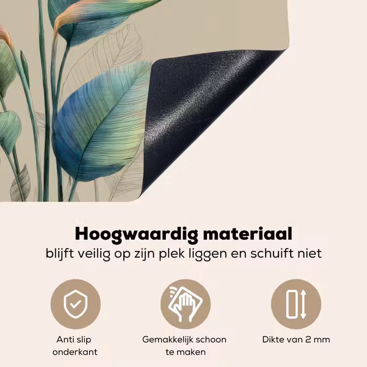 Paradijsvogelbloemen - Blauwgroene bladeren - Beige Inductie beschemer met haakjes middel -ky-onderkant-nl