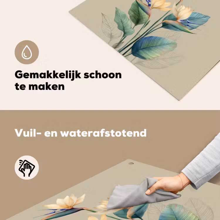 Paradijsvogelbloemen - Blauwgroene bladeren - Beige Inductie beschemer met haakjes middel -ky-schoon-nl