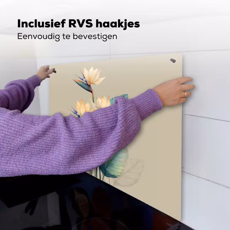 Paradijsvogelbloemen - Blauwgroene bladeren - Beige Inductie beschemer met haakjes middel -ky-ophangen-nl