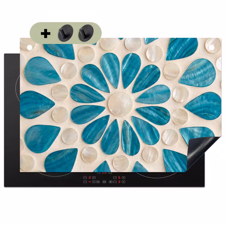 Patroon - Mozaïek - Schelpen - Abstract - Turquoise Inductie beschemer met haakjes klein -3d