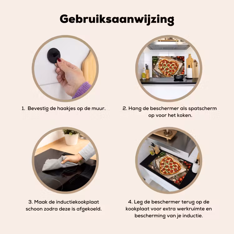 Pizza - Hart - Pepperoni - Tomaat Inductie beschemer met haakjes klein -ky-gebruik-nl