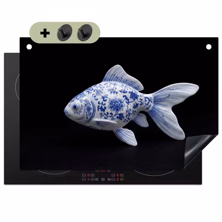 Porselein - Goudvis - Delfts - Blauw Inductie beschemer met haakjes klein -3d