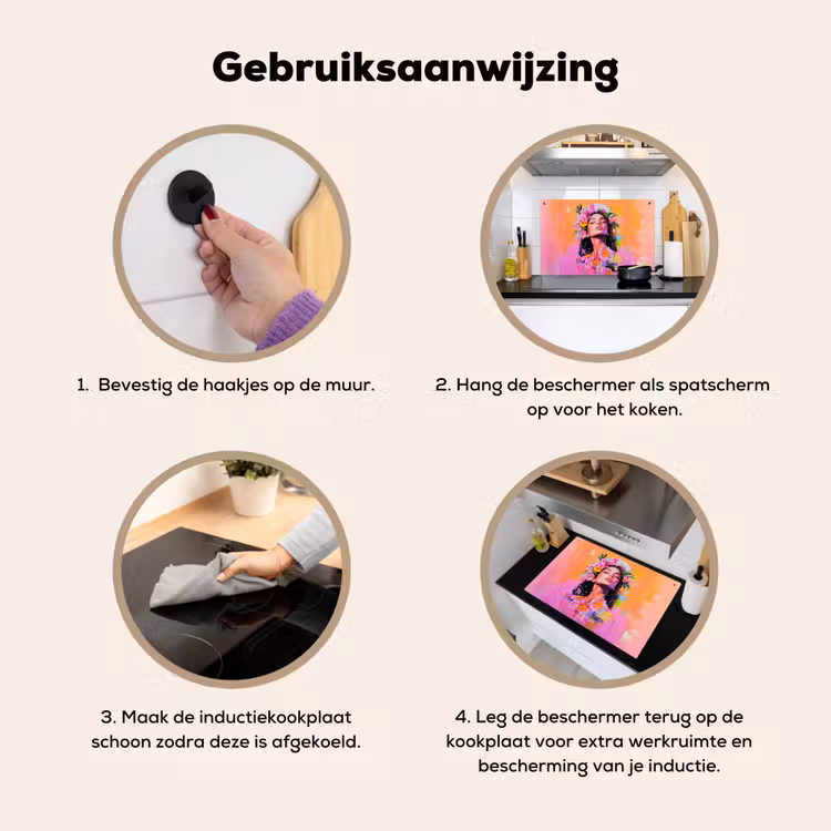 Portret - Bloemenkroon - Vrouw Inductie beschemer met haakjes klein -ky-gebruik-nl