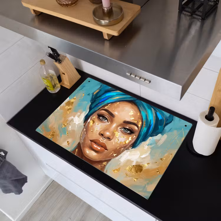 Portret - Vrouw - Schilderij - Blauw - Goud - Expressief Inductie beschemer met haakjes klein -sfeer1