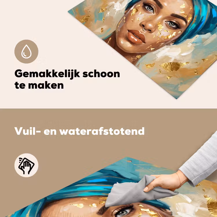 Portret - Vrouw - Schilderij - Blauw - Goud - Expressief Inductie beschemer met haakjes klein -ky-schoon-nl