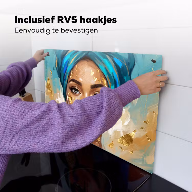 Portret - Vrouw - Schilderij - Blauw - Goud - Expressief Inductie beschemer met haakjes klein -ky-ophangen-nl