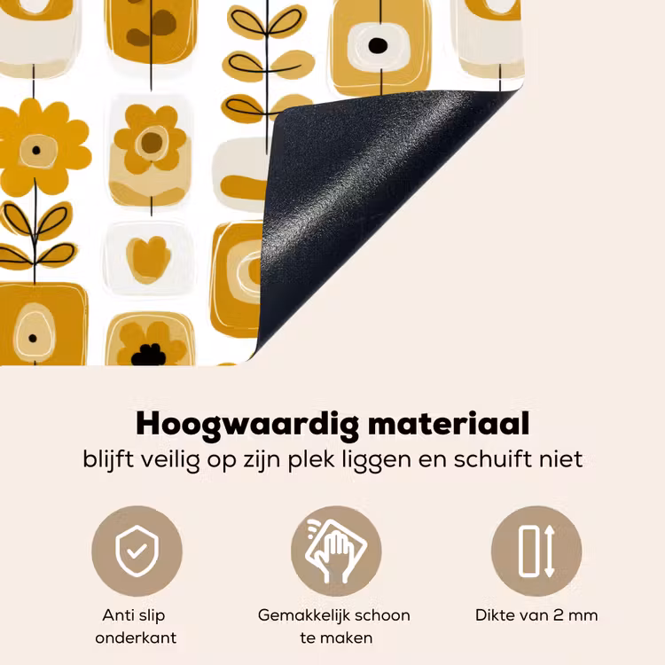 Retro - Abstract - Bloemen - Okergeel Inductie beschemer met haakjes klein 777 -ky-onderkant-nl