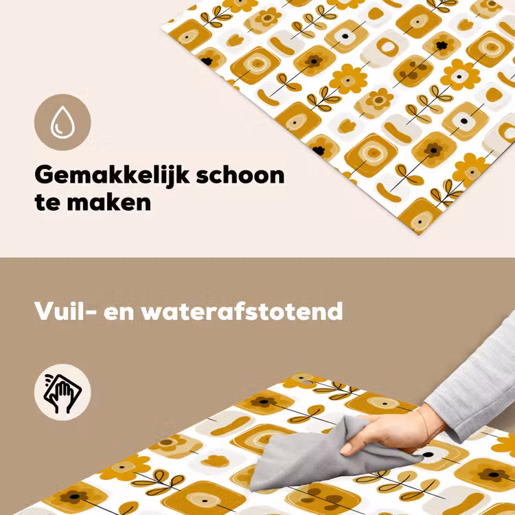 Retro - Abstract - Bloemen - Okergeel Inductie beschemer met haakjes klein 777 -ky-schoon-nl