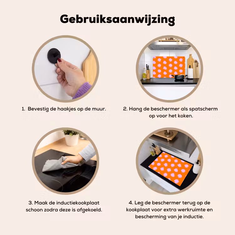 Retro - Bloemen - Oranje Inductie beschemer met haakjes klein 777 -ky-gebruik-nl