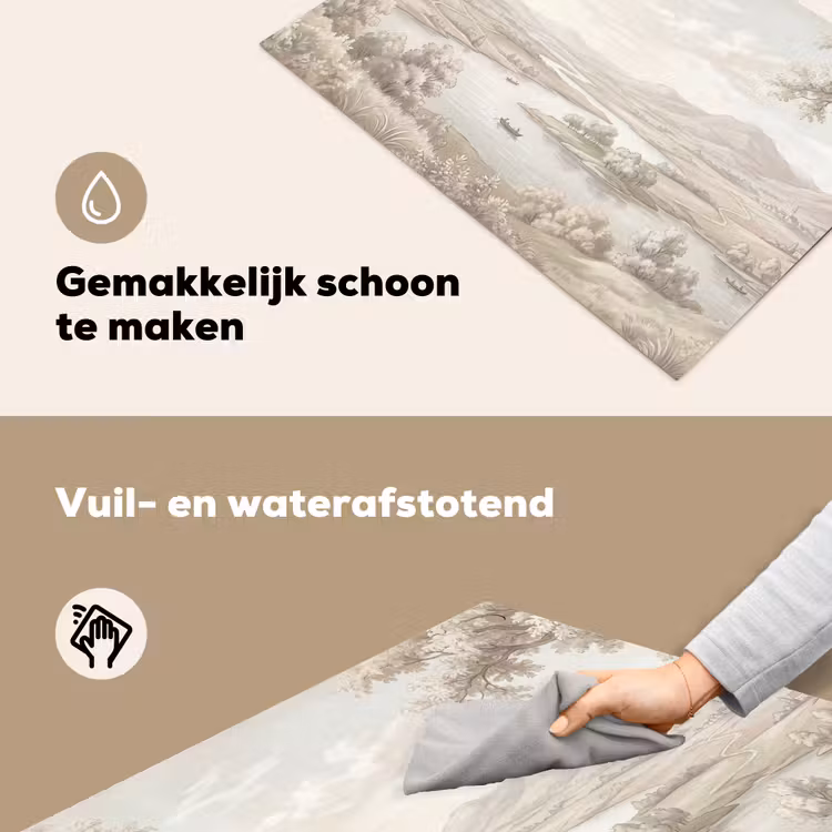 Rivierlandschap - Bergen - Natuur - Vintage - Beige Inductie beschemer met haakjes klein -ky-schoon-nl