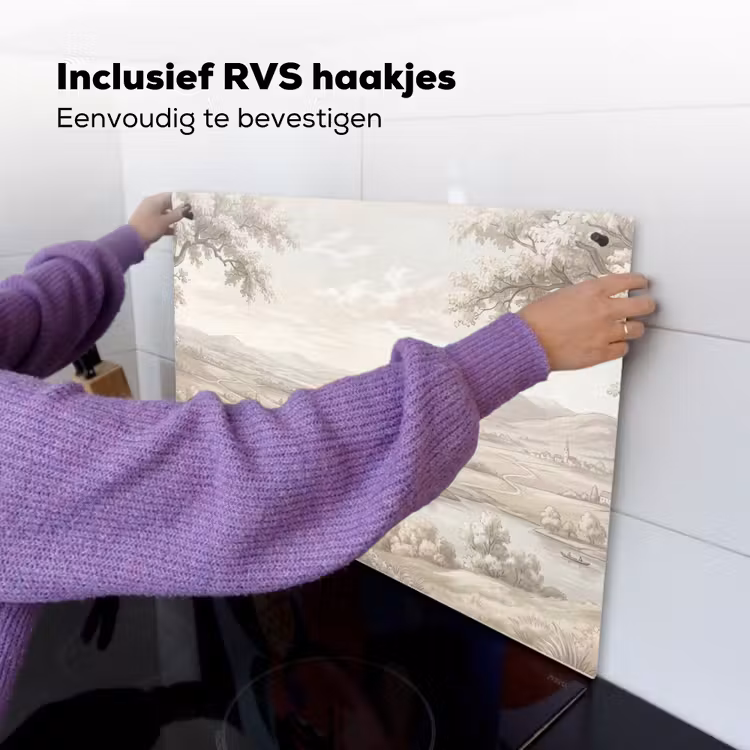 Rivierlandschap - Bergen - Natuur - Vintage - Beige Inductie beschemer met haakjes klein -ky-ophangen-nl