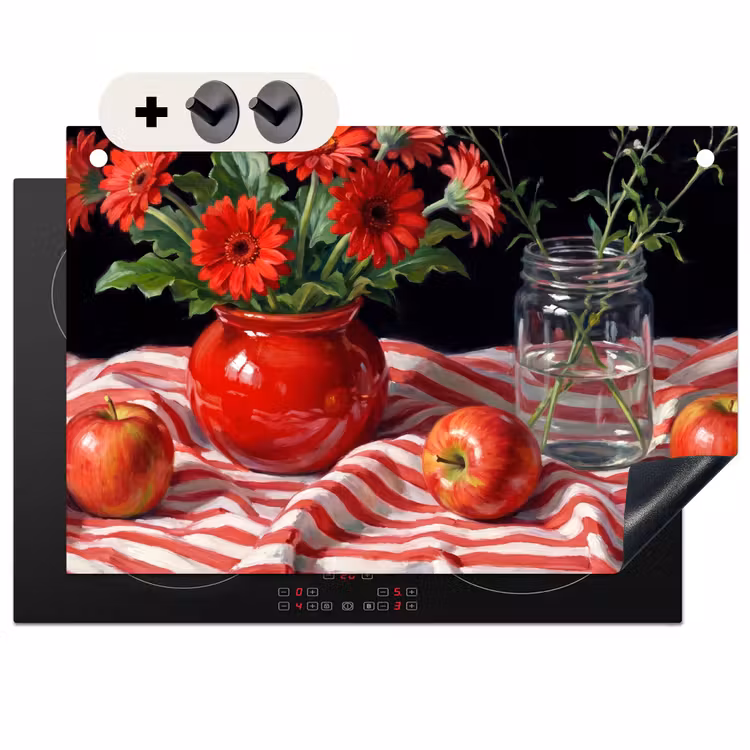 Inductiebeschermer & spatscherm (2in1) - Rode bloemen - Vaas - Rode bloemen - Vaas Inductie beschemer met haakjes klein
