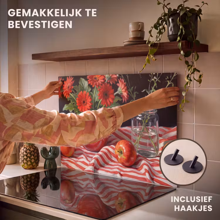 Inductiebeschermer & spatscherm (2in1) - Rode bloemen - Vaas - Rode bloemen - Vaas Inductie beschemer met haakjes klein