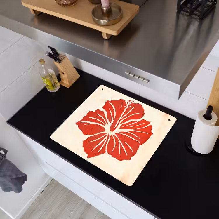 Rode hibiscusbloem - Textuur achtergrond - Beige Inductie beschemer met haakjes middel -sfeer1
