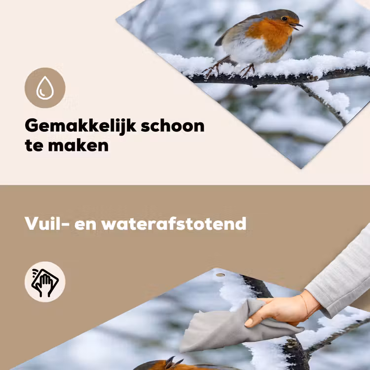 Roodborstje - Tak - Sneeuw - Winter - Levendig Inductie beschemer met haakjes klein -ky-schoon-nl